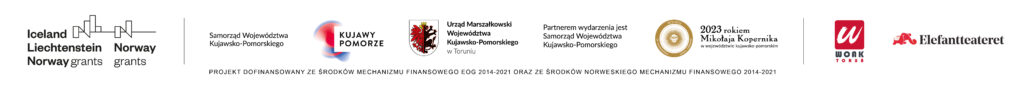 Logotypy Mechanizmu Finansowego EOG i Norweskiego Mechanizmu Finansowego, logo Województwa Kujawsko-Pomorskiego, logo WOAK i Elefantteateret