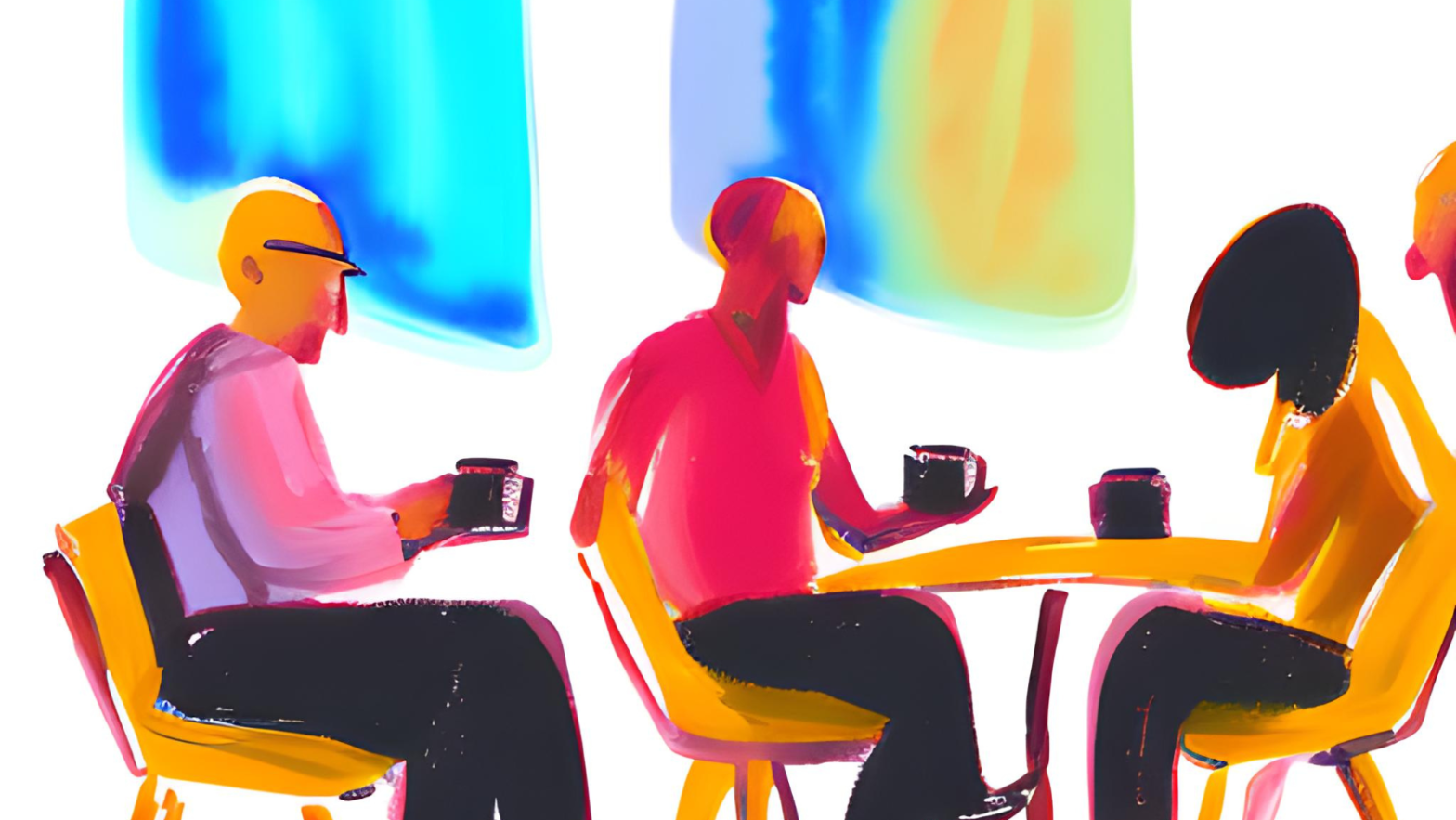 Obraz przedstawiający schematycznie trzy osoby siedzące przy stole i pijące kawę.
