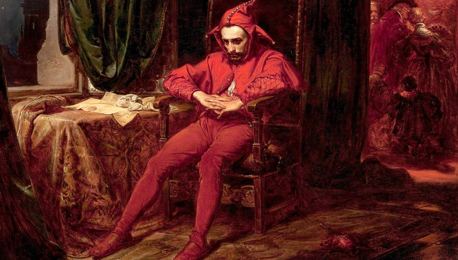 Obraz Jana Matejki Stańczyk. Mężczyzna w czerwonym stroju i czapce błazna siedzi zamyślony na krześle. Splecione dłonie trzyma przed sobą. W sąsiednim pokoju biesiadujący dworzanie.