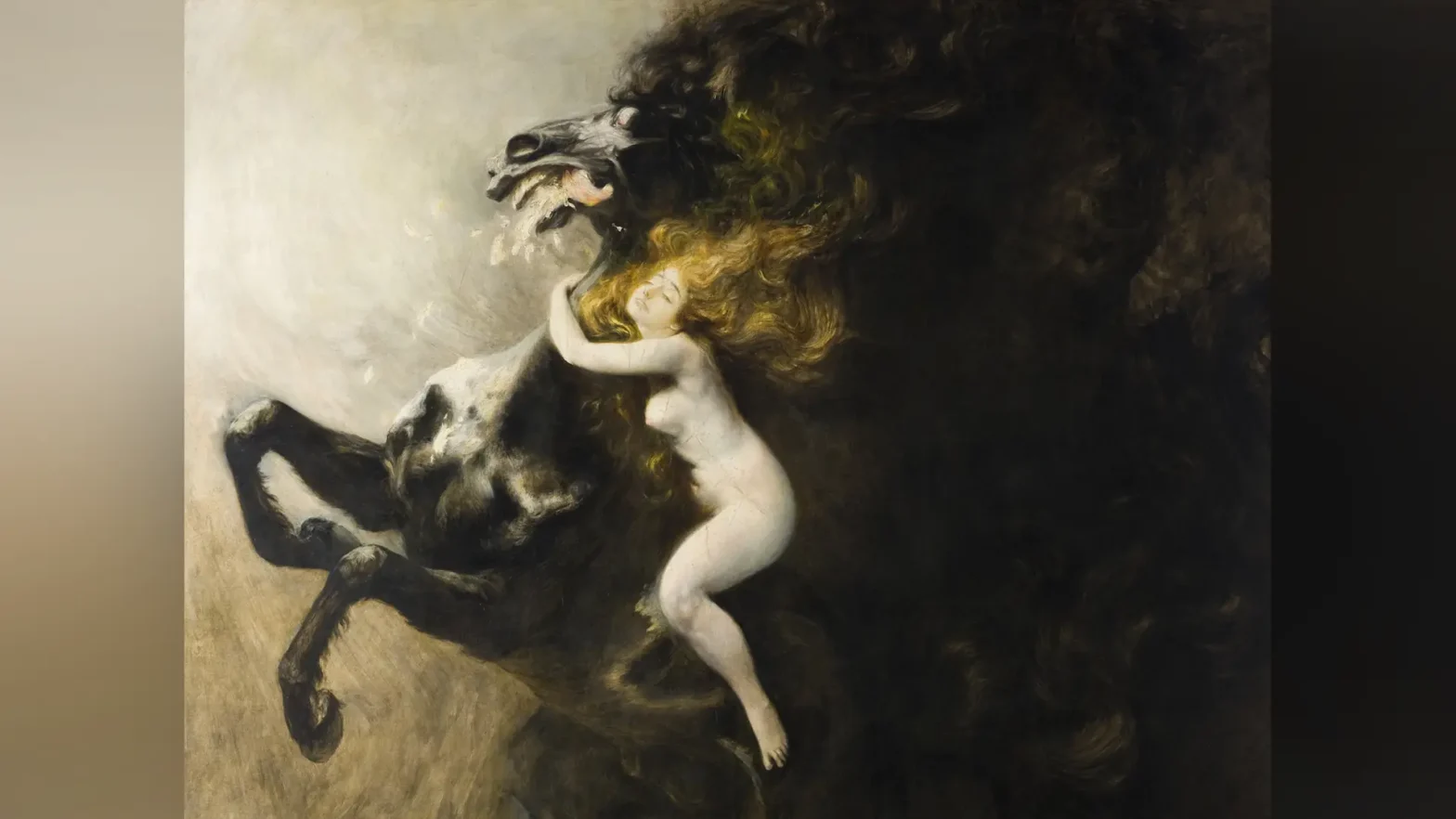 Dzieło przedstawia nagą, młodą kobietę na grzbiecie potężnego, karego konia stającego dęba. Mimika twarzy bohaterki oraz przymknięte oczy wyrażają ekstazę, a rudozłote włosy falują wokół jej głowy, splatając się z końską grzywą.