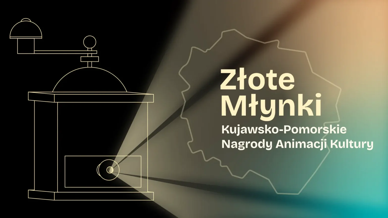 Grafika przedstawiająca nagrody Złote Młynki Kujawsko-Pomorskie Nagrody Animacji Kultury. Po lewej stronie znajdują się kontury młynka, a po prawej napis Złote Młynki Kujawsko-Pomorskie Nagrody Animacji Kultury na tle konturu województwa kujawsko-pomorskiego.