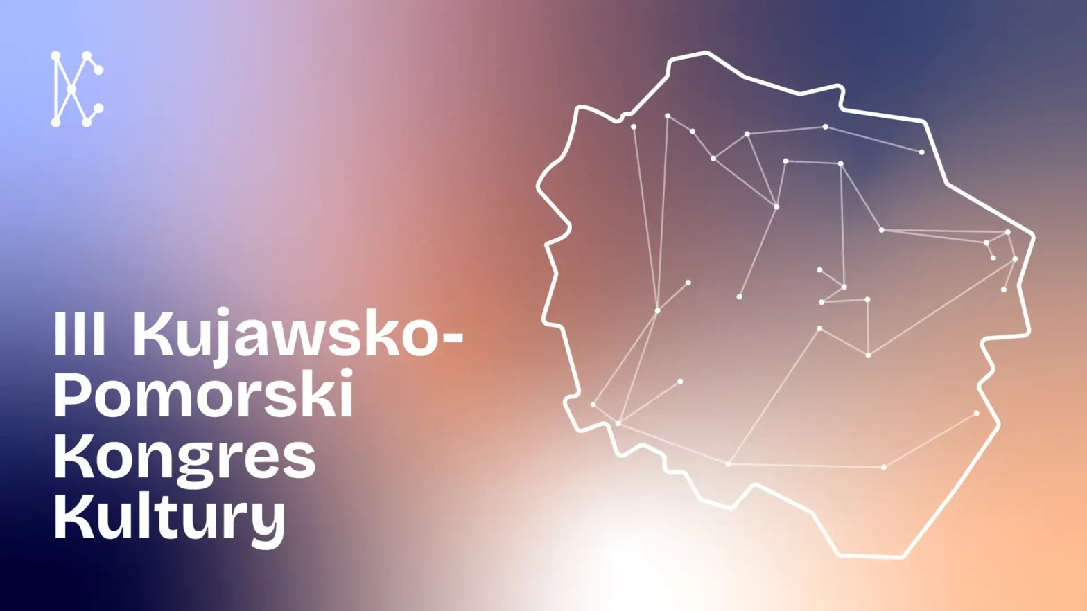 Grafika promocyjna z napisem Trzeci Kujawsko-Pomorski Kongres Kultury po lewej stronie. Po prawej stronie obrys województwa z połączonymi punktami: stylizowana mapa z konstelacjami. Tło w gradientowych barwach fioletu, niebieskiego i pomarańczowego.