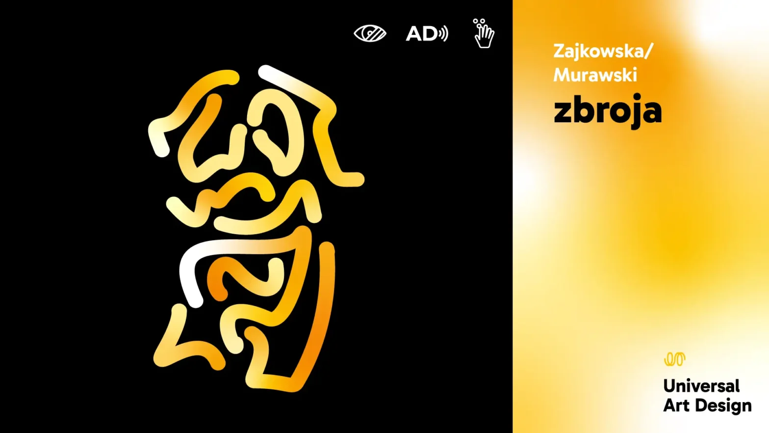 Plakat performensu zbroja. Czarne tło z abstrakcyjnym, falującym wzorem w odcieniach żółci i pomarańczu, przypominającym miękkie, organiczne kształty. Po prawej stronie płynne przejście koloru od bieli do złocistego, z wyraźnym tytułem zbroja oraz nazwiskami twórców" Zajkowska/Murawski.