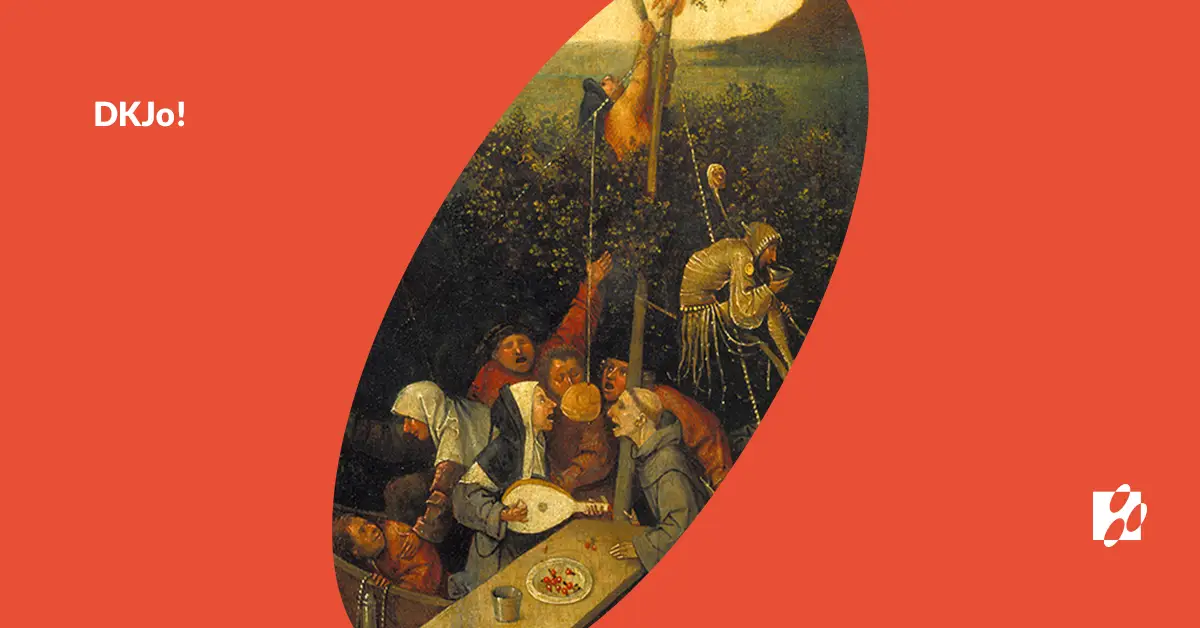 Pomarańczowa grafika przedstawia w centralnej części kształt przypominający jajko, ustawiony lekko skośnie. W jego wnętrzu znajduje się fragment obrazu Statek głupców autorstwa Hieronima Bosza, nadający kompozycji charakterystyczny, artystyczny akcent.