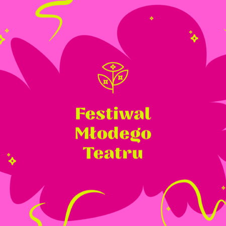 Intensywnie różowe tło z dużą, ciemnoróżową, nieregularną plamą pośrodku. Nad napisem znajduje się żółte logo Festiwalu. Poniżej widoczny jest żółty napis Festiwal Młodego Teatru. Wokół rozmieszczone są żółte falujące linie i małe żółte gwiazdki. Całość jest wyrazista, dekoracyjna i pełna energii.